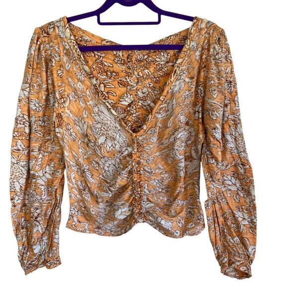 Free People Say The Word Cropped Top Blood Orange Combo Boho Rouched Hippie Sz L - Picture 2 of 16